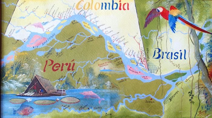 Photo d'un carte de la frontière netre le pérou, la colombie et le brésil